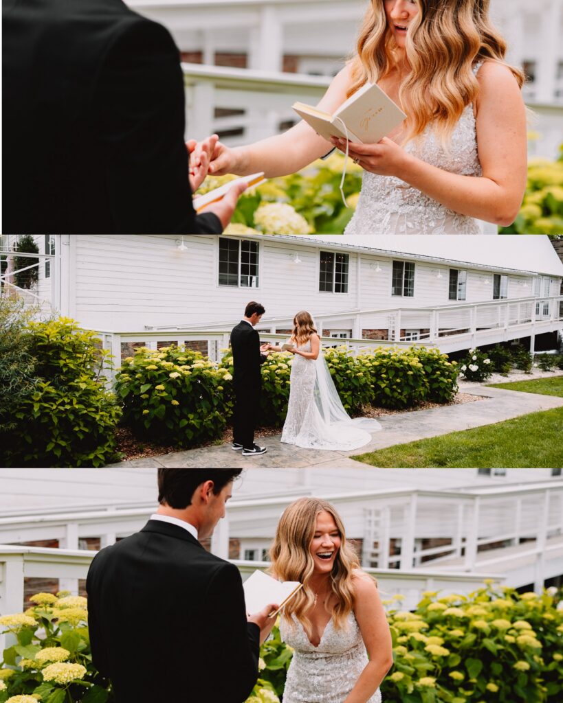 Collage of wedding couple reading private vows at Ivory North Co in Mora Minnesota