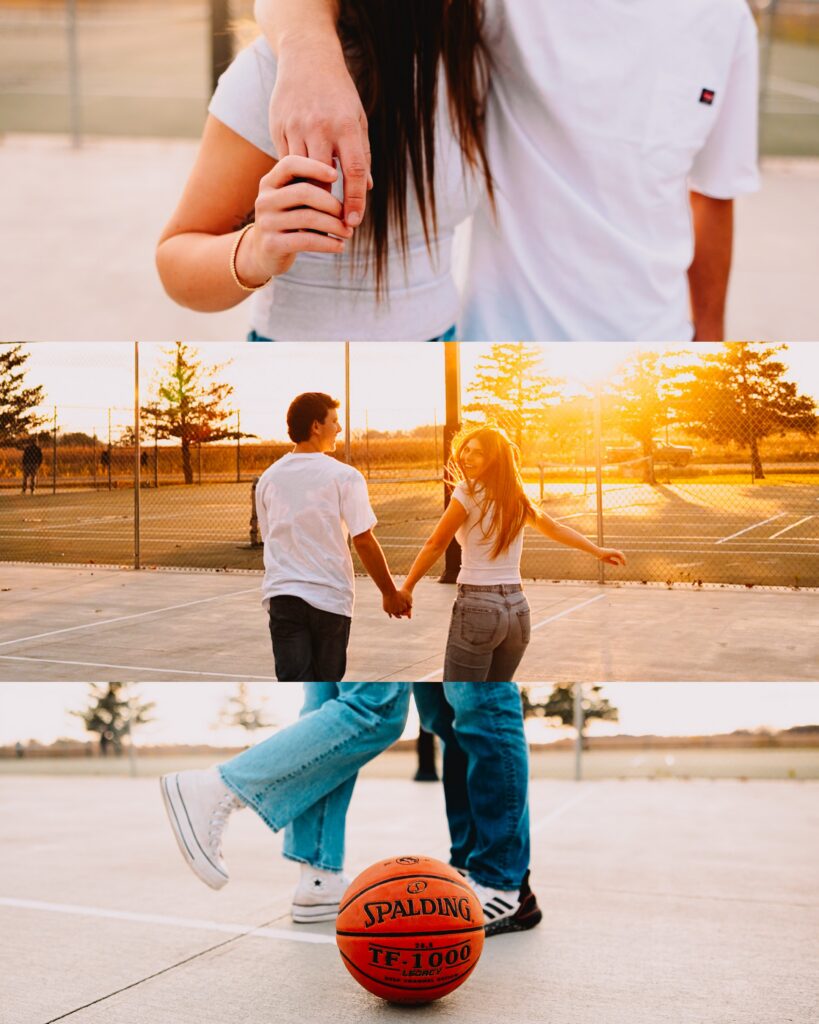 collage of golden hour basketball couples photos outdoor court in minnesota